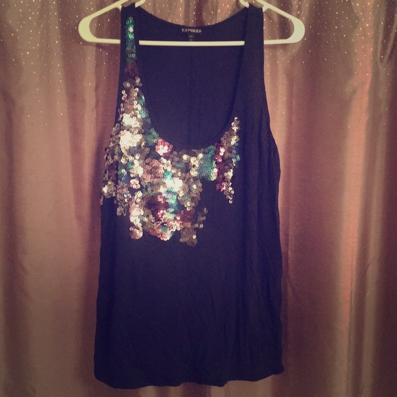 Express Tops - Express Sequin Tank Sz L Navy
